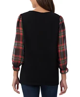 Jones New York Petite Plaid Sleeve Boatneck Top