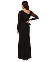 Adrianna Papell Women's Mesh-Long-Sleeve Crepe Gown