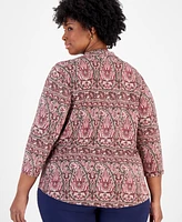 Jm Collection Plus Paisley-Print 3/4-Sleeve V-Neck Top, Created for Macy's