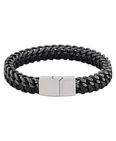 Rhona Sutton Gunmetal Chain with Black Leather Weaved Stainless Steel Bracelet