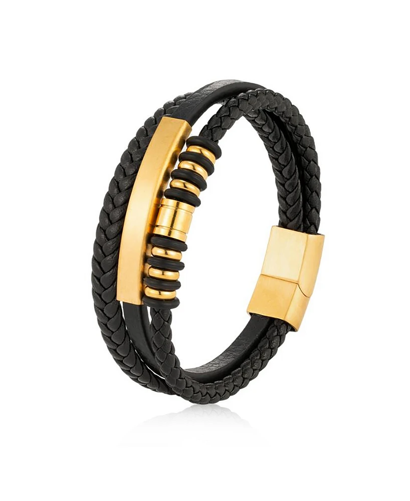 Rhona Sutton Multi Leather Black Gold Identification Stainless Steel Bracelet