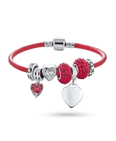 Bling Jewelry Initial Heart Lover Couples Valentine Bff Starter Beads Multi Charm Bracelet Red Leather For Women .925 Sterling Silver European Barrel