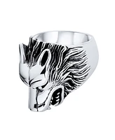 Bling Jewelry Hunter Animal Norse Viking Warrior Signet Fierce Roaring Wolf Head Ring Oxidized .925 Sterling Silver