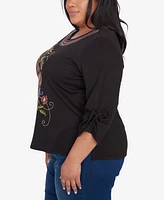 Alfred Dunner Plus Size Harvest Moon Floral Embroidered Detail Crew Neck Drawstring Sleeve Top