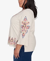 Alfred Dunner Plus Size Harvest Moon Medallion Embroidered Flutter Sleeve Top