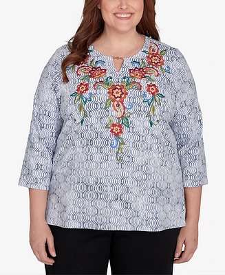 Alfred Dunner Plus Size Harvest Moon Textured Floral Embroidered Split Neck Top