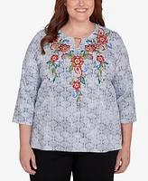 Alfred Dunner Plus Harvest Moon Textured Floral Embroidered Split Neck Top