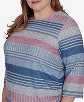 Alfred Dunner Plus Casual Fridays Ruched Striped Crew Neck Top