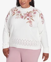 Alfred Dunner Plus Telluride Floral Embroidered White Chenille Sweater