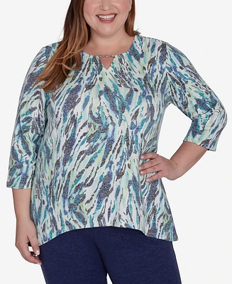 Alfred Dunner Plus Size French Quarter Teal Animal Print Split Neck Top