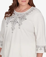 Alfred Dunner Plus Copenhagen Medallion Collar Embroidery Solid Top