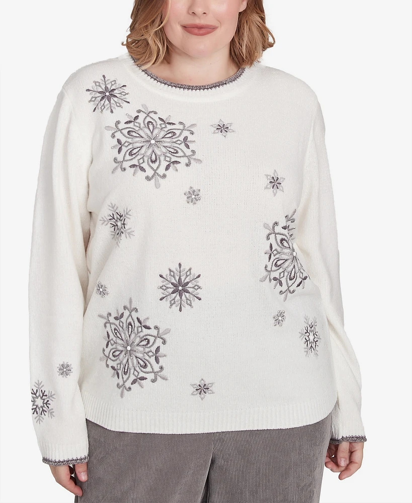 Alfred Dunner Plus Copenhagen Snowflake Embroidered Chenille Sweater