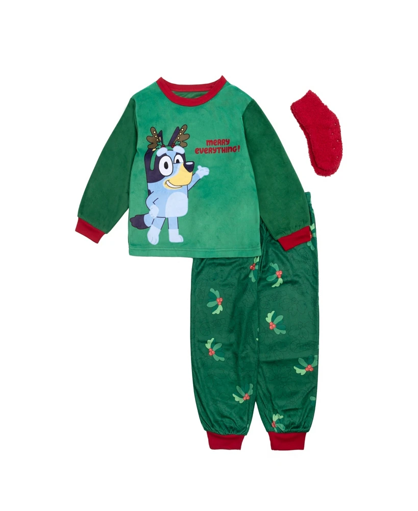 Bluey Toddler Boy Merry Everything Long Sleeve Pajama With Sock , 3-Piece Set