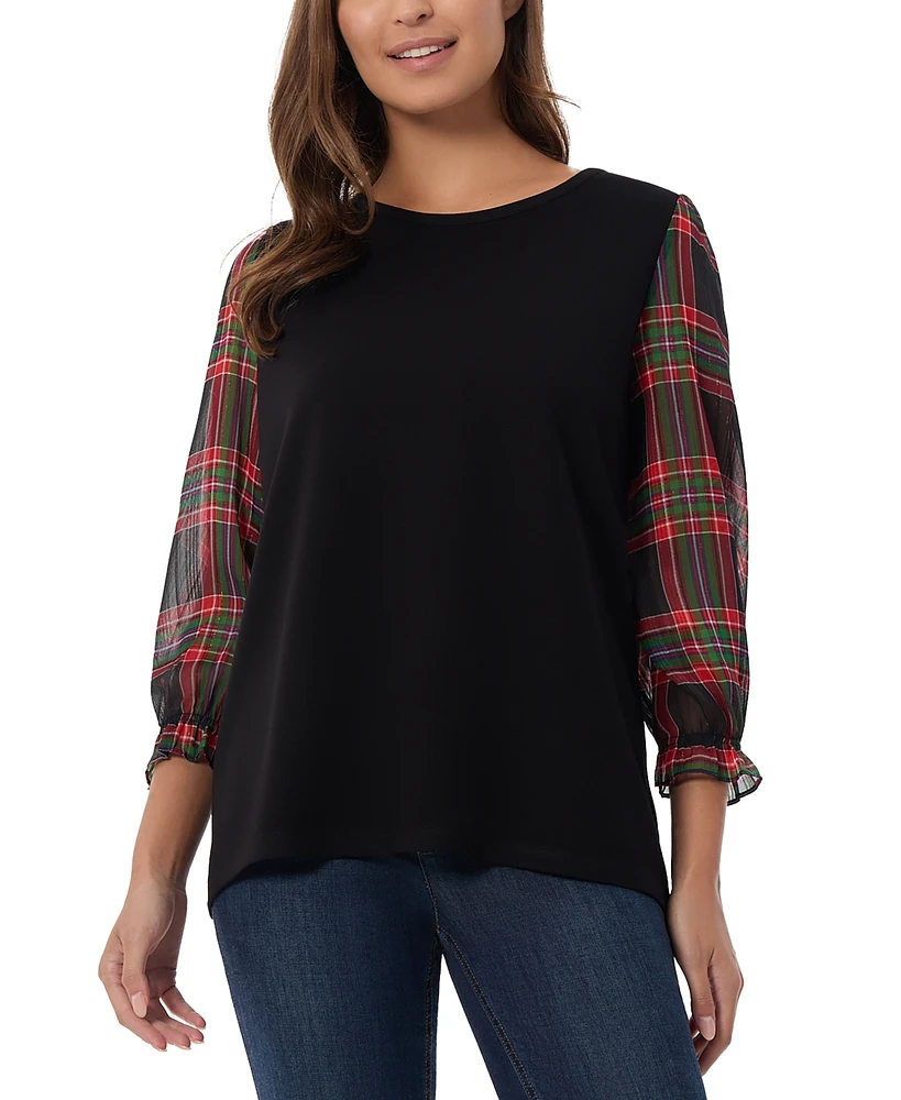 Jones New York Women's Plaid-Sleeve Crewneck Top