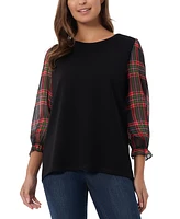 Jones New York Women's Plaid-Sleeve Crewneck Top