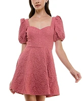 Trixxi Juniors' Embroidered Tie-Back Puff-Sleeve Dress