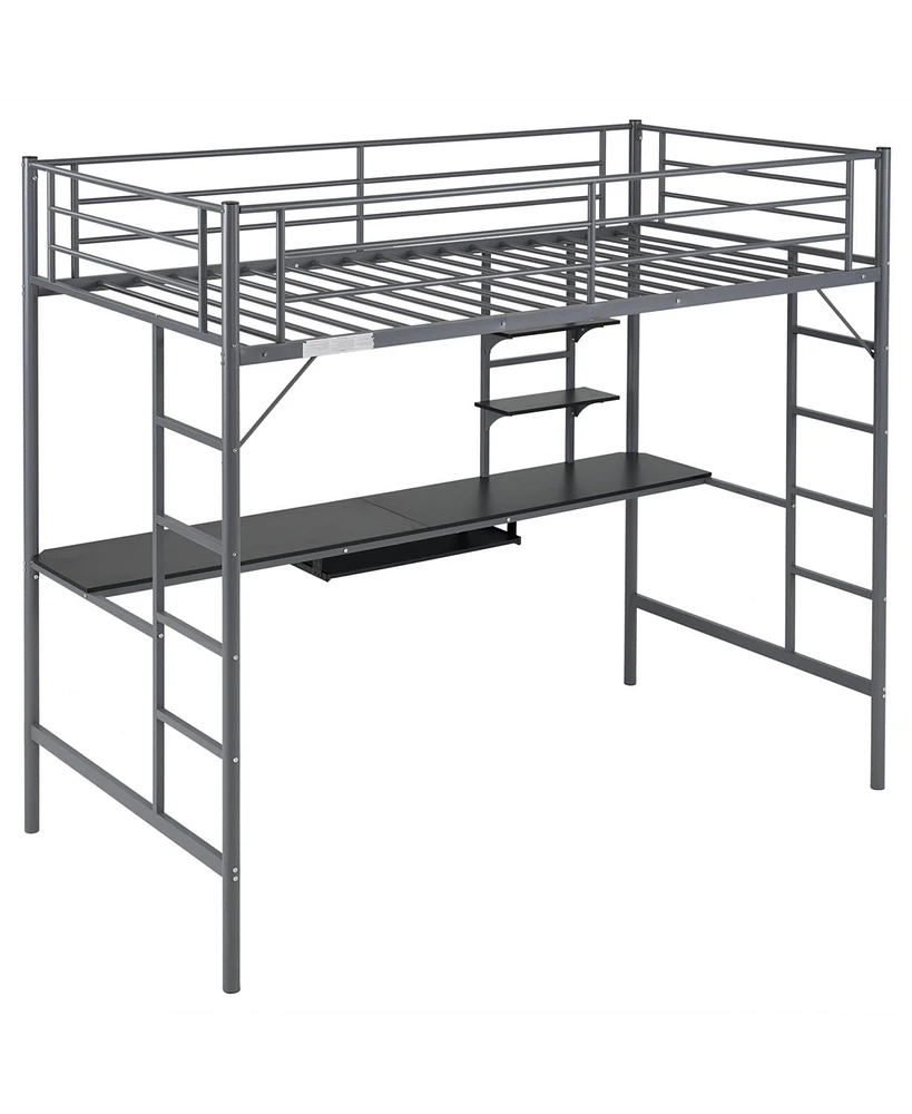 Slickblue Twin Size Metal Loft Bed with Desk and Storage Shelves for Small Spaces