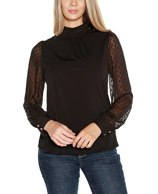 Belldini Women's Black Label Clip-Dot Chiffon Sleeve Knit Blouse