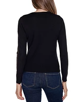 Belldini Women's Black Label Crewneck Embellished Zip Cardigan Sweater