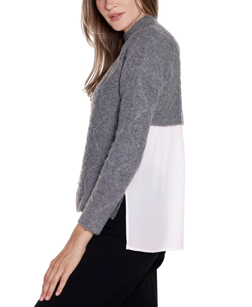 Belldini Women's Black Label Chiffon-Back Cable Sweater