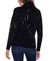 Belldini Women's Black Label Sequin Trim Cowl Neck Sweater