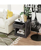 Gymax Nightstand with Drawer and Shelf Rustic Wooden Bedside Table Bedroom Brown