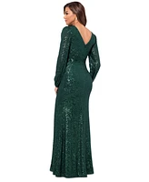 Xscape Petite Sequined V-Neck Long-Sleeve Side-Slit Gown