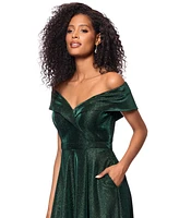 Xscape Petite Off-the-Shoulder Glitter Gown