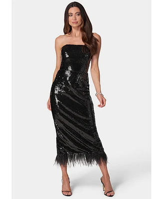 Bebe Women's Feather and Sequin Strapless Midi Dress