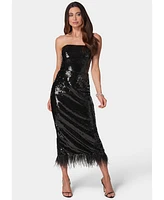 Bebe Women's Feather and Sequin Strapless Midi Dress