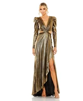 Mac Duggal Women's Princess Sleeve Cut Out Metallic Gown