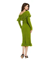 Mac Duggal Women's Off The Shoulder Fringe Long Sleeve Knit Dress