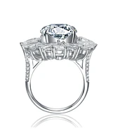 Rachel Glauber White Gold Plated with Clear Cubic Zirconia Oval Cocktail Snowflake Cluster Ring