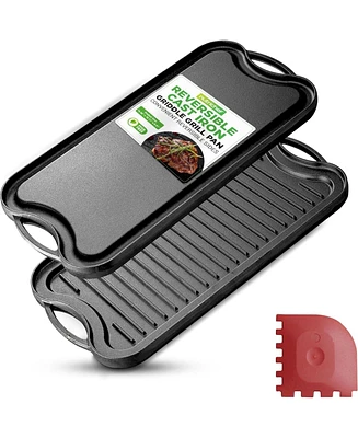 NutriChef Kitchen Flat Grill Plate Pan - Reversible Cast Iron Griddle, Classic Flat Grill Pan Design with Scraper