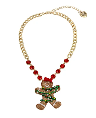 Betsey Johnson Faux Stone Jingle Bell Bling Christmas Gingerbread Pendant Necklace