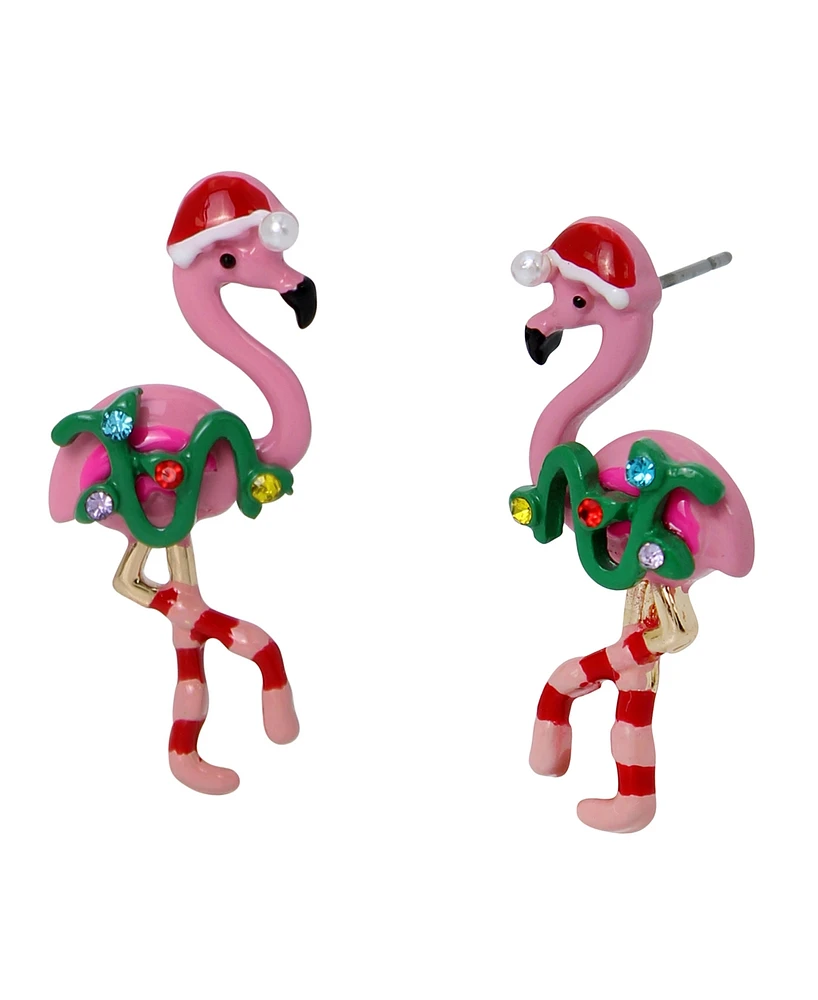 Betsey Johnson Faux Stone Jingle Bell Bling Christmas Flamingo Stud Earrings