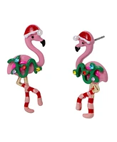 Betsey Johnson Faux Stone Jingle Bell Bling Christmas Flamingo Stud Earrings