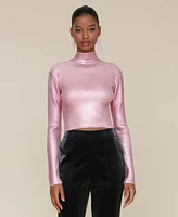 Avec Les Filles Women's Metallic-Rib Knit Mock-Neck Sweater Top