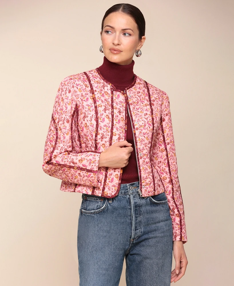 Avec Les Filles Women's Floral-Print Quilted Cropped Jacket