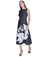 Halston Women's Floral-Graphic Belted Fit & Flare Dress