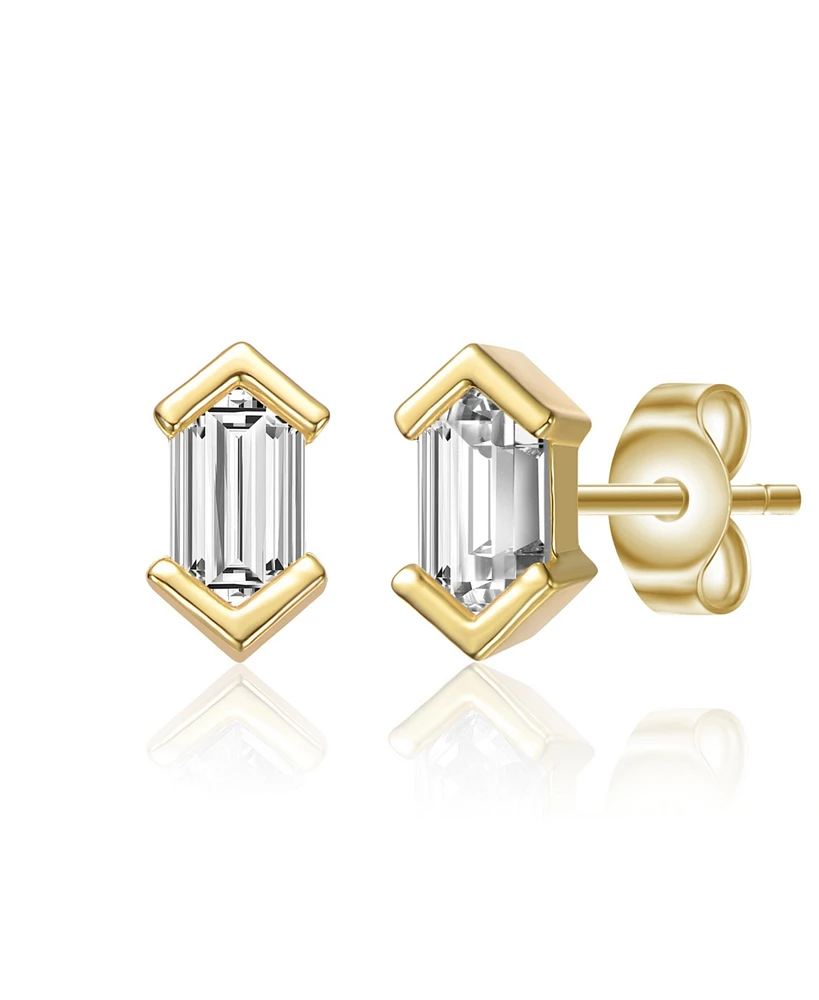 Genevive Sterling Silver Mini Cubic Zirconia Baguette Geometric Stud Earrings White Gold Plated or 14k