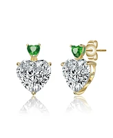 Genevive Sterling Silver 14K Gold Plated with Green, Red, or Blue Cubic Zirconia Two-Stone Heart Stud Earrings