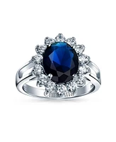 Bling Jewelry Classic Traditional 5CTW Royal Blue Cz Crown Halo Oval Cubic Zirconia Engagement For Women Promise Ring .925 Sterling Silver