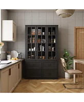 Famapy Grey Wood Bookcase With Tempered Glass Doors and 6-Drawers