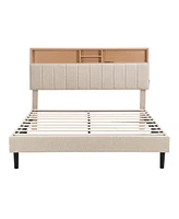 Slickblue Queen Size Upholstered Platform Bed with Storage Headboard and Usb Charging Port