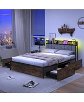Gymax Led Bed Frame Queen Size w/ Charging Station Upholstered Headboard 4 Drawers
