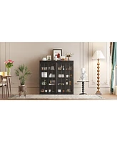 Famapy Black Wood Bookcase Storage Cabinet With Tempered Glass Doors