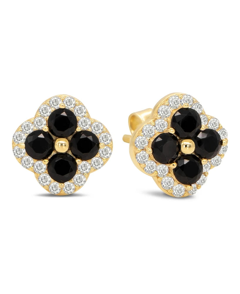 Devata Black and White Cubic Zirconia Clover 10x10mm Stud Earrings in 14K Gold, approx. 2.6 grams