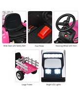 Costway 12V Kids Ride On Tractor with Trailer Ground Loader w/ Rc & Lights