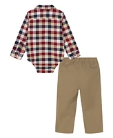 Tommy Hilfiger Baby Boy Oxford Plaid Long Sleeve Shirt Bodysuit Prewashed Twill Pants, 2-Piece Set